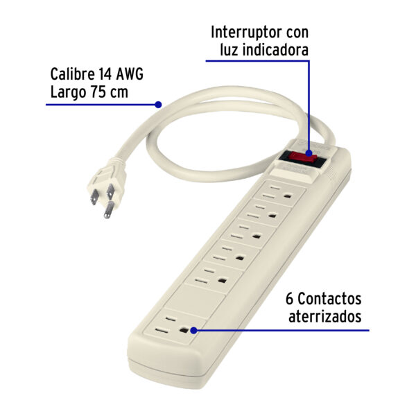 MULTICONTACTO 14 AWG 6 ENTRADAS CON SUPRESOR DE PICOS 450 JOULES - Image 2