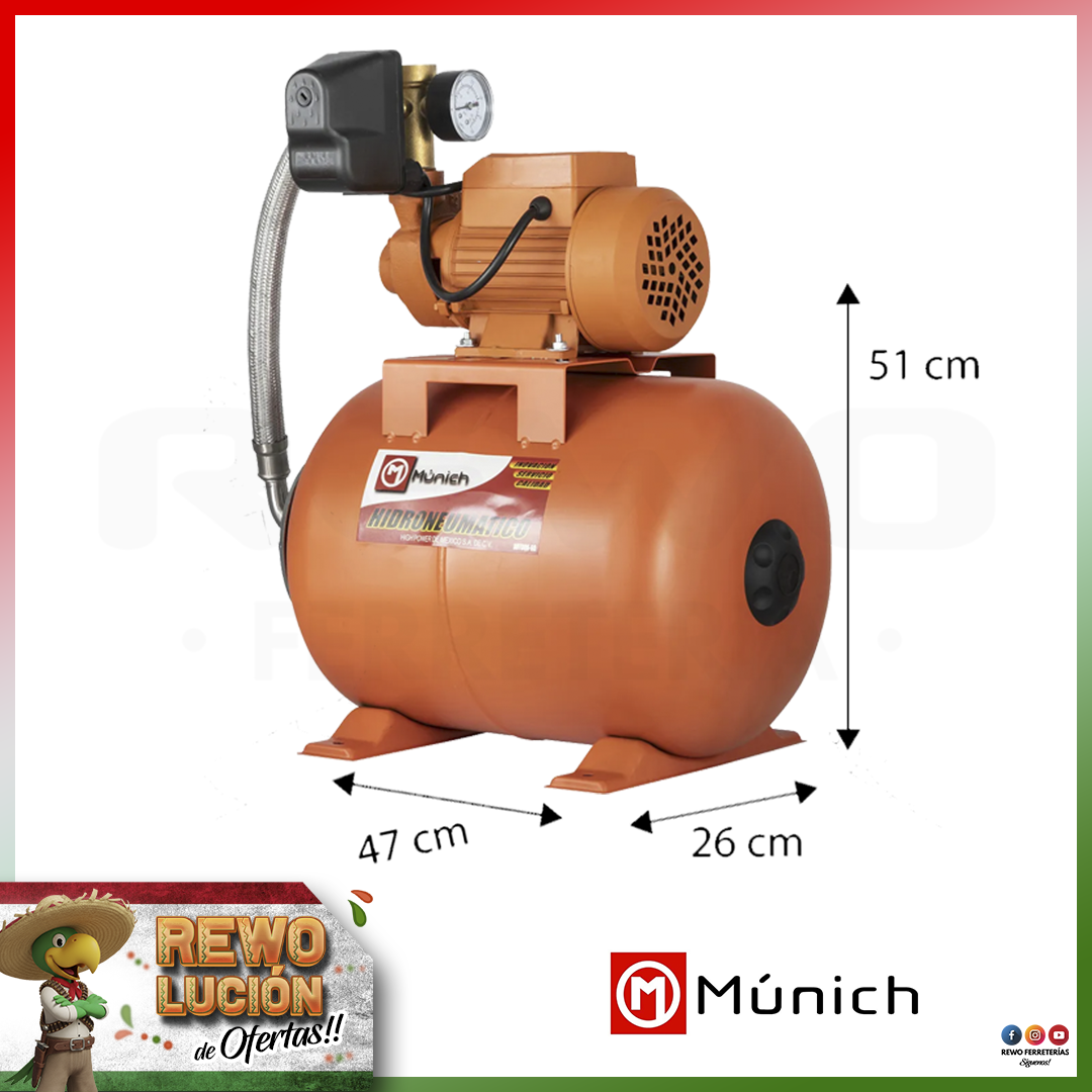 MUNICH HIDRONEUMÁTICO 1/2 HP TANQUE 24 LTS MUNAUTOQB60