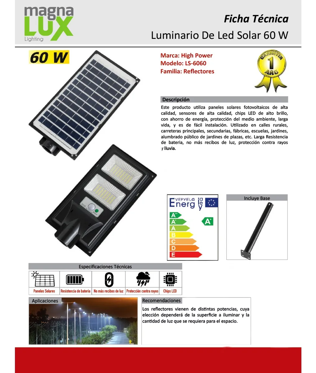 MAGNA LUX LUMINARIA DE LED SOLAR SUB URBANA 60W 5400 LUMENES LS-6060 - Image 2